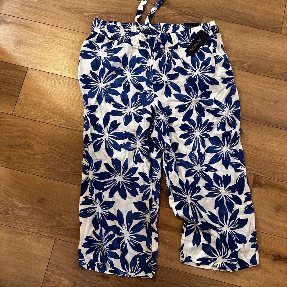 Rachel Zoe Blue White Floral Wide Leg Crop Pants 2X NWT CHU53682B